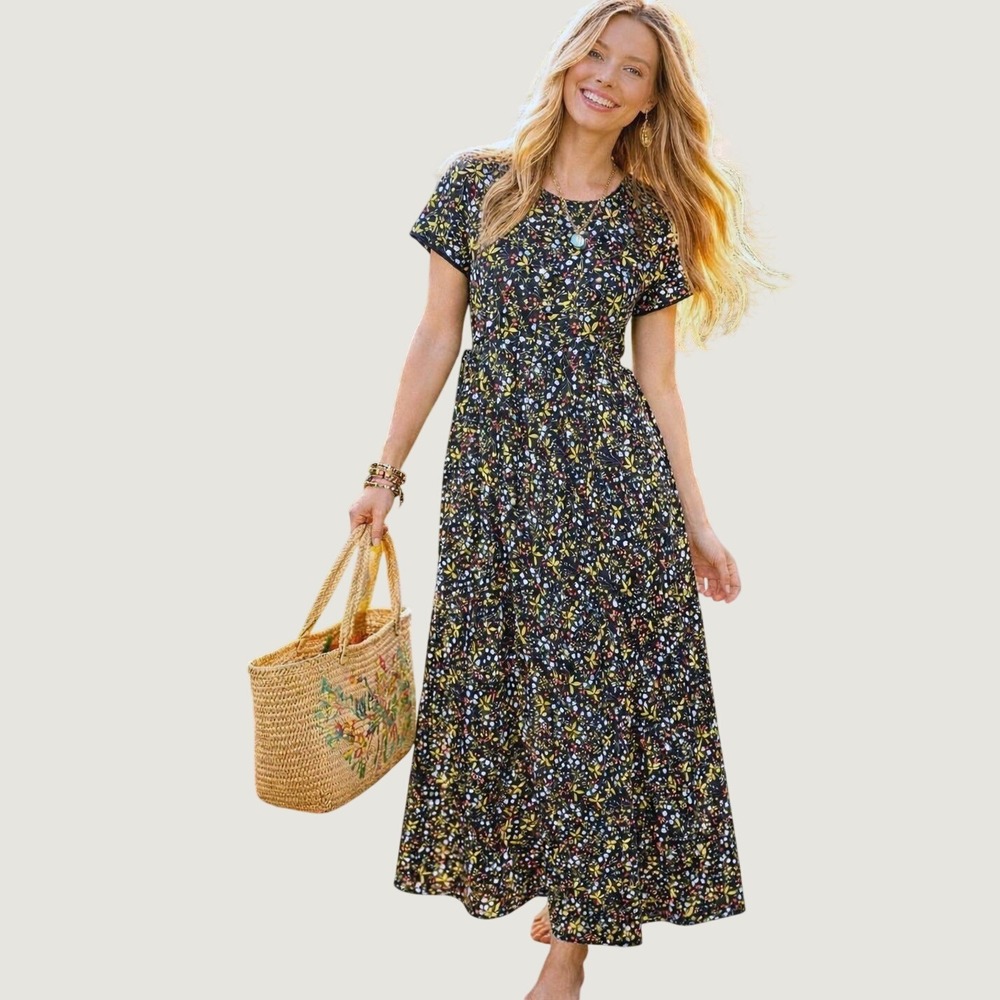 Liz Baker Vintage 90's Floral Maxi Dress 4P Black Cottagecore Boho Short Sleeve